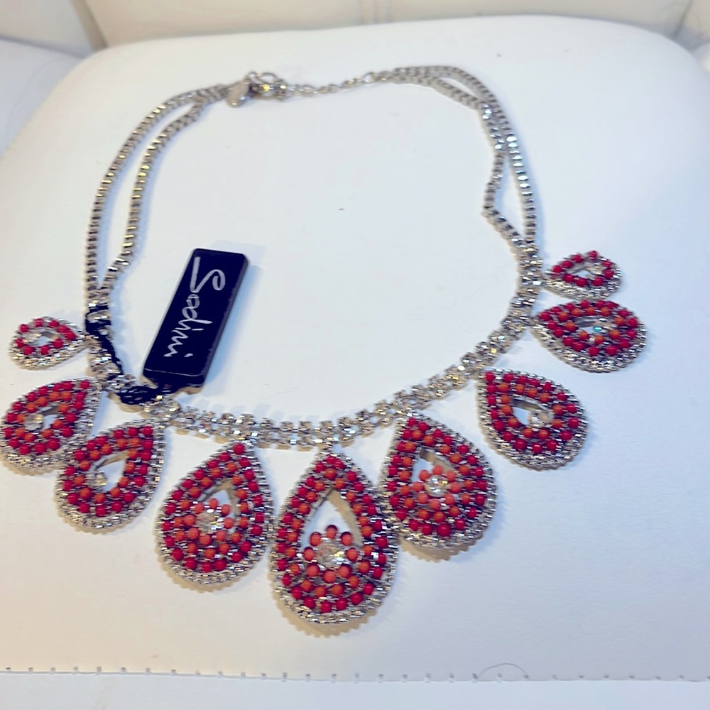 SODINI Italy jewelry,Multi Coral colored eyedrop necklace,Sparkling rhinestones